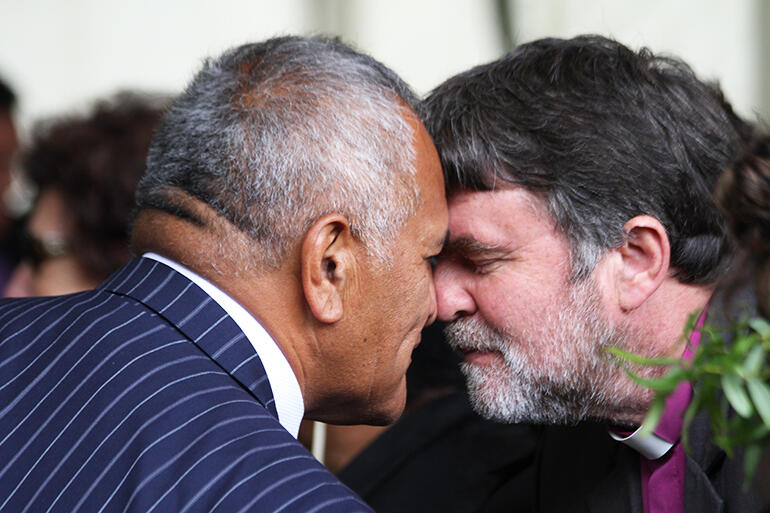 Tuku Morgan greets Archbishop Philip Richardson.