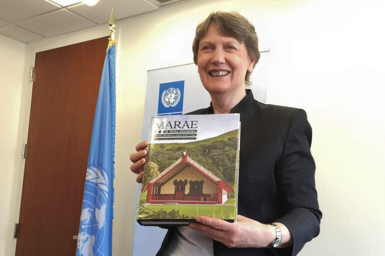Helen Clark, the former Kiwi PM who now leads the UN Development Programme, thanks the delegation for their gift of +Muru Walter's book: 'Marae'.