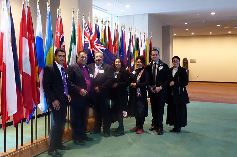 L-R: Kerry Davis, Bishop Kito, Charles Hemana, Lynnore Pikaahu, Rev Ngaio Keelan, Moana McNeil and Brigitte Te Awe Awe-Bevan at the UN.
