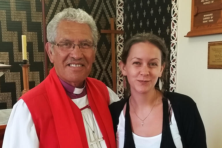 Bishop Ngarahu Katene with Olivia Maxfield-Coote, who is a Church of England ordinand studying at Westcott House in Cambridge.