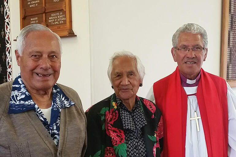 That's Don Bennett (left) the son of Bishop Fred Bennett, Mrs Katerina Bennett (wife of Bishop Manu Bennett) and today's bishop, Ngarahu Katene. 