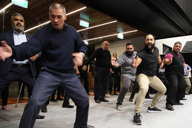 Tairawhiti performing Ruaumoko on Saturday evening. That's the Rev Jimmy Green at left, next to Isaac Beach, and Bishop Don Tamihere.