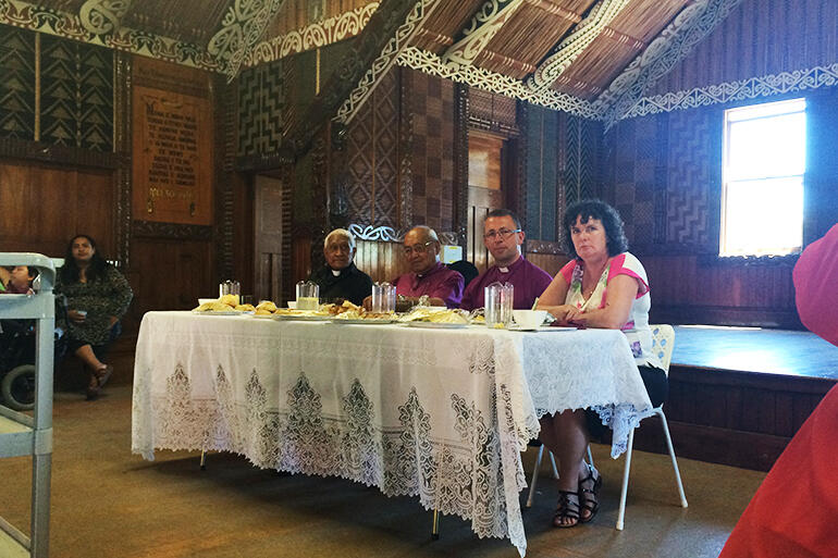 The top table at Rahui Marae, Tikitiki. They held a powhiri there after the Sunday service at St Mary's.