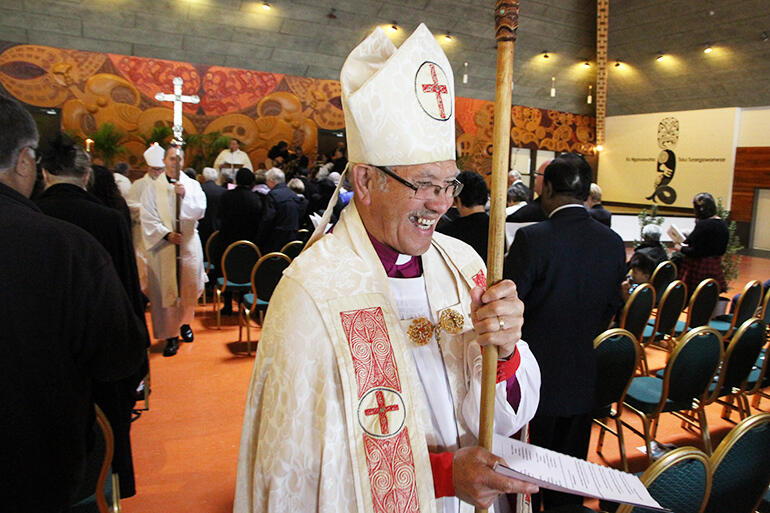 Bishop Katene processes out of the service, which was held in Kimiora, the Turangawaewae wharekai.