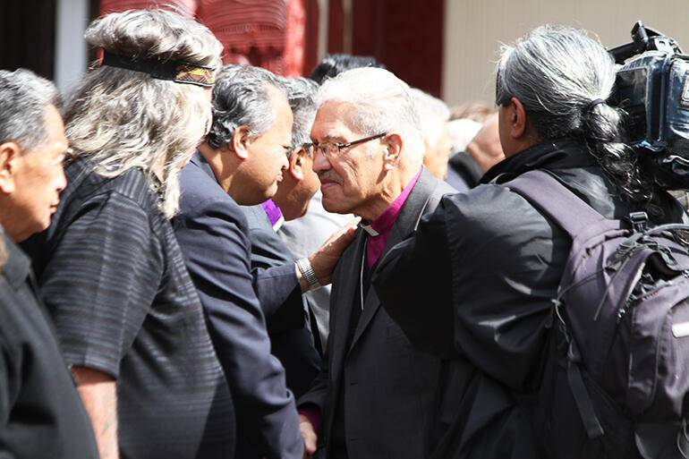 Bishop Ngarahu greets Rev Hone Te Rire ... who was representing the Presbyterian Maori Synod.