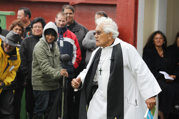 Archdeacon Tiki Raumati warms to his preaching task - and entertains his hearers as well.