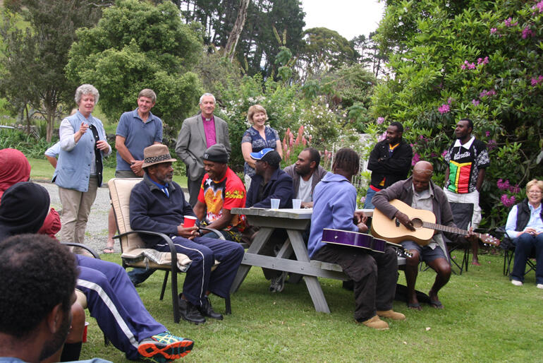 Awatere's vicar Dawn Daunauda welcomes all to the community barbeque hosted by Mike and Joan Watson at Stirling Brook.