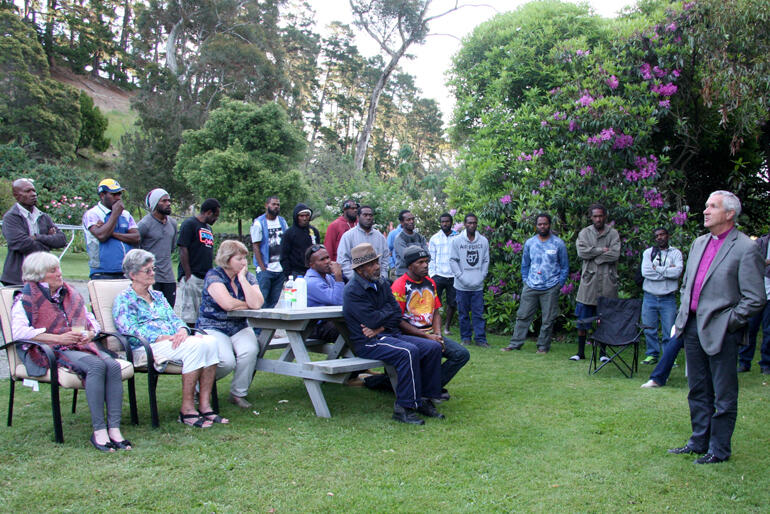 'I can hardly comprehend what I have seen today,' says Bishop Richard as Awatere CJV parishioners listen in. Pip Thomson and Di Brown are seated left.