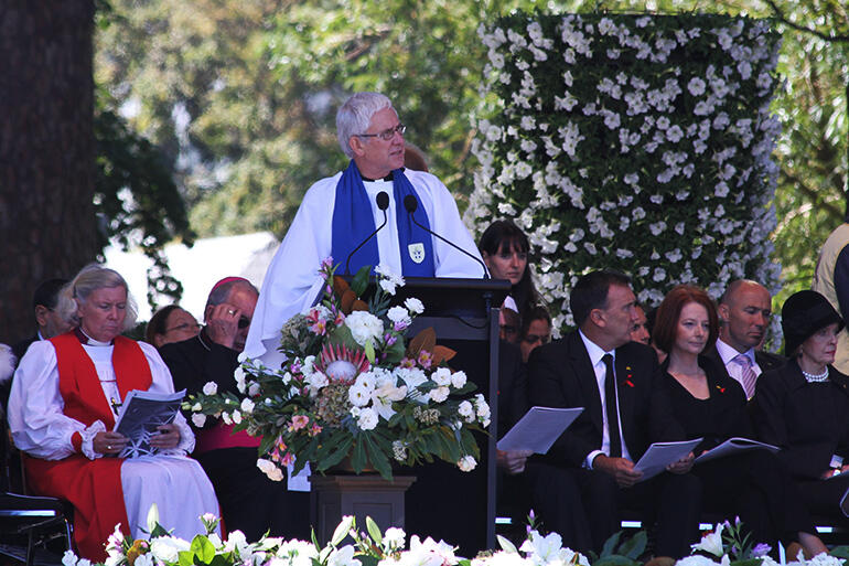 March 2011, with Dean Peter Beck speaking in Hagley Park at the National Memorial Service for those killed in the February 22 earthquake.