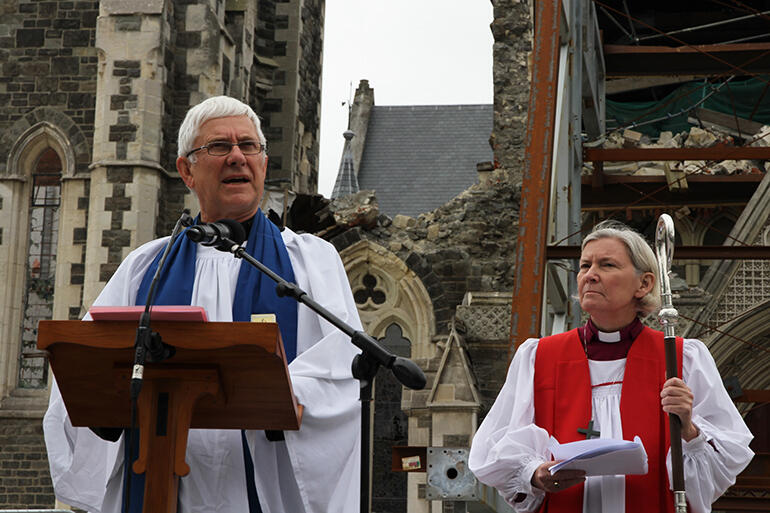 Peter Beck, formerly Dean of Christchurch, speaking at the 2012 service to deconsecrate the ruined ChristChurch Cathedral.