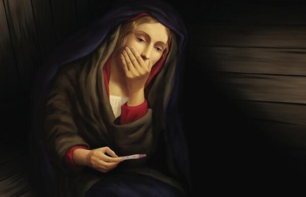 St Matthew-in-the-City's Christmas billboard, portraying Mary's anxiety over a pregnancy test.