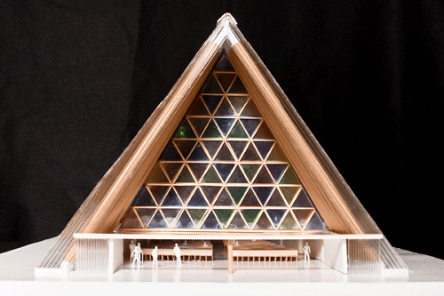 A model showing the entrance to cardboard cathedral proposed for Christchurch.