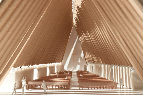 Interior of the cardboard cathedral proposed for Christchurch.