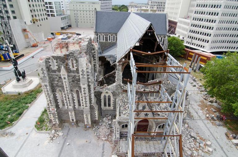 A flyover view of ChristChurch Cathedral's earthquake-damaged west end.