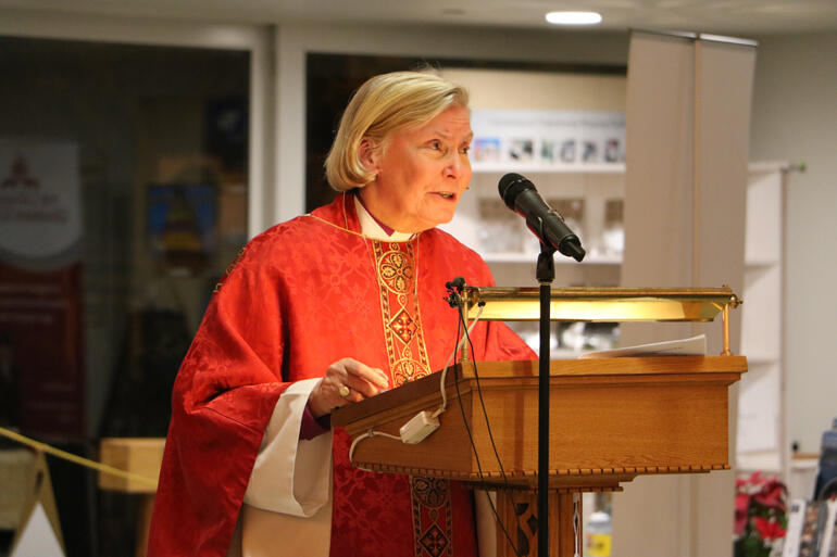 Bishop Victoria Matthews delivers her charge to Christchurch Diocesan Synod during its opening Eucharist at the Transitional Cathedral.