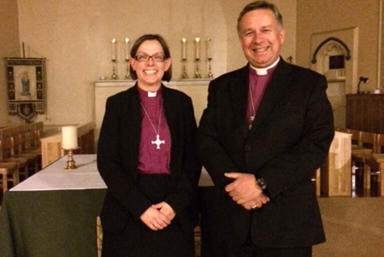 Bishop Helen-Ann Hartley and Archbishop Sir David Moxon at Hamilton's 150th celebration.
