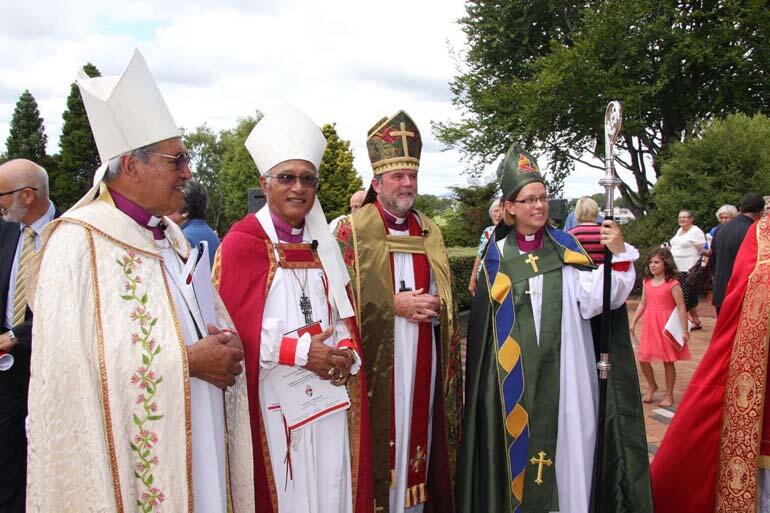 From left: Archbishops Brown Turei, Winston Halapua and Philip Richardson with the new Bishop of Waikato.