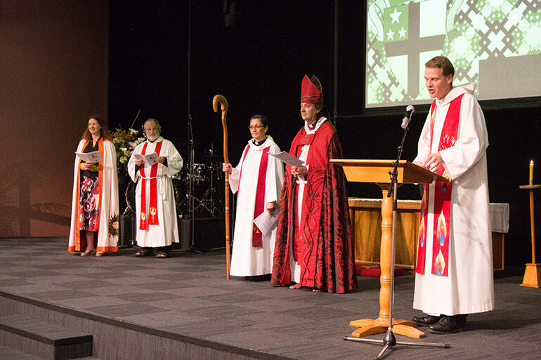 From left: Archdeacons Gendy Thompson, and John Wilson, Chaplain Cheryl Repia, Bishop Justin and Canon Simon Winn.