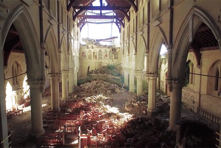 A drone video still from Holmes Consulting shows damage to the central section of earthquake-damaged Christchurch cathedral.