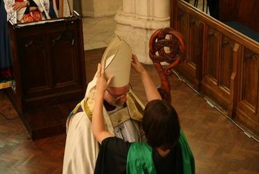 The Bishop's mitre was designed and made by his sister, Valerie Swatridge, of Nelson.