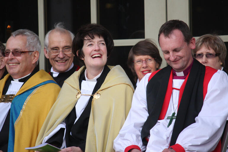 Cathedral Precentor Howard Leigh, Dean Jo Kelly-Moore and Bishop Ross Bay enjoying the mayor's humour.