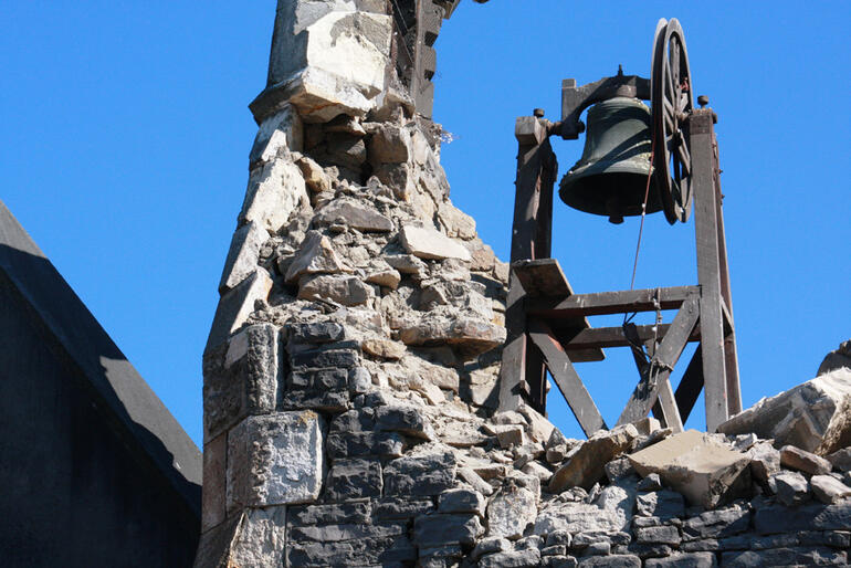 The Canterbury quake's toll. A closeup of the wrecked belltower at St John's Latimer Square.