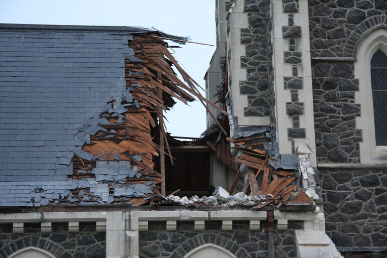 The tower at St John's Hororata has partially collapsed, puncturing the church roof.