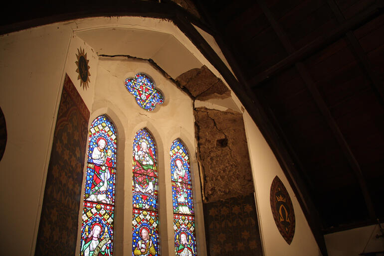 The trifoil stained glass window above the altar at Holy Trinity Lyttelton - which is on the verge of falling out. 