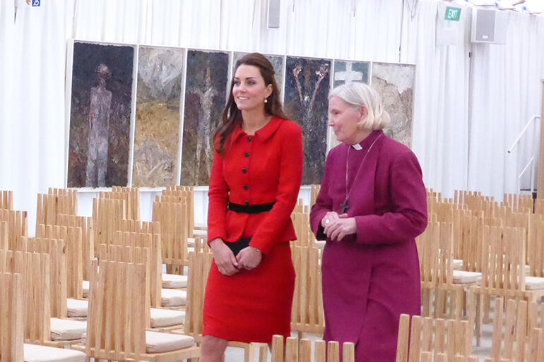Bishop Victoria and the Duchess of Cambridge stroll through the Transitional Cathedral.