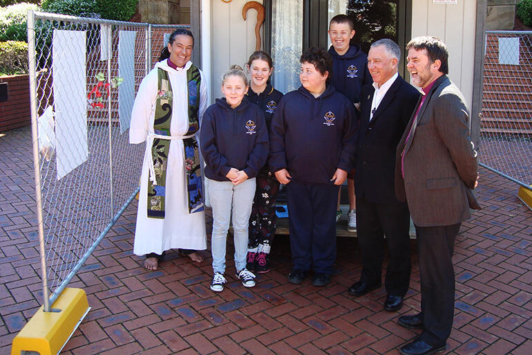 Bishop Justin with some supporters from St Patrick's Catholic School, Te Awamutu, and the two archbishops.