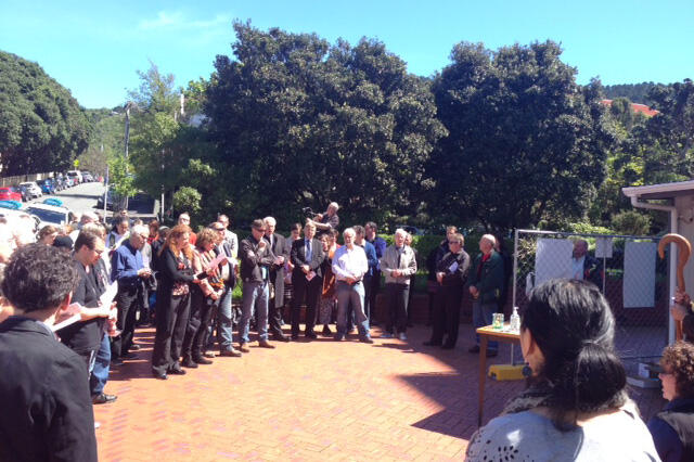 The crowd gathered on the forecourt of the Wellington cathedral for today's midday prison vigil Eucharist.