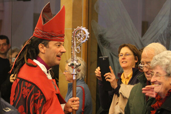 After his ordination, Wellington's new Anglican bishop, Justin Duckworth, greets wellwishers.