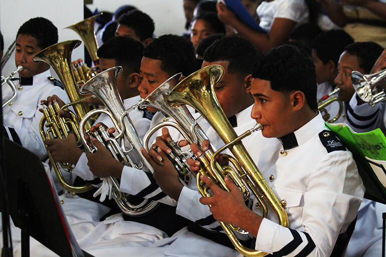 A section of the St Andrews's High School brass band.