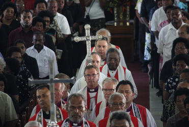 The Bishops and Archbishops complete the clergy procession into the cathedral for the service.