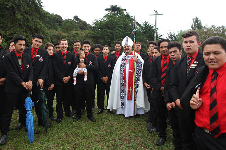 Bishop Don Tamihere - with young men from Te Aute College after his ordination last March at Waiomatatini Marae.