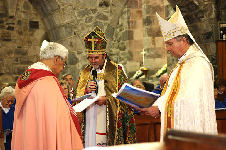 Archbishop Philip installs Archdeacon Tiki as Cathedral Kaumatua - having apologised for St Mary's use as a garrison church during the Land Wars.