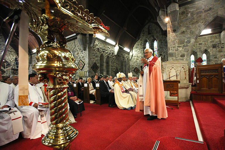 Archdeacon Tiki addressing the congregation during the 2010 consecration of St Mary's, New Plymouth, as a cathedral.