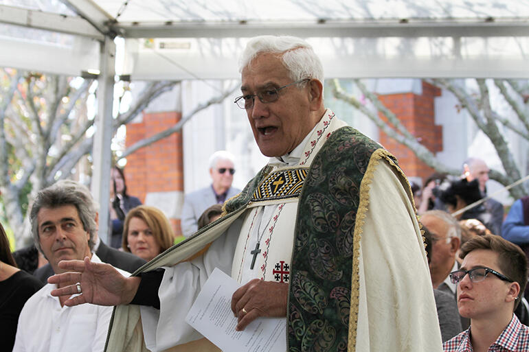 Archdeacon Tiki Raumati speaks at the service in October, 2012, to mark the unveiling of Sir Paul Reeves' headstone at St John's College in Auckland.