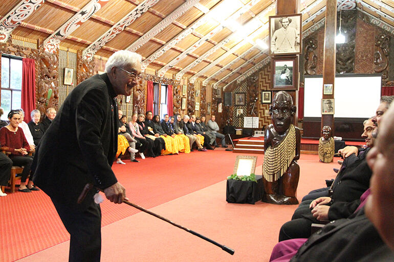 Archdeacon Tiki reinforces a point with the new Pihopa o Aotearoa, during the powhiri for May's General Synod.