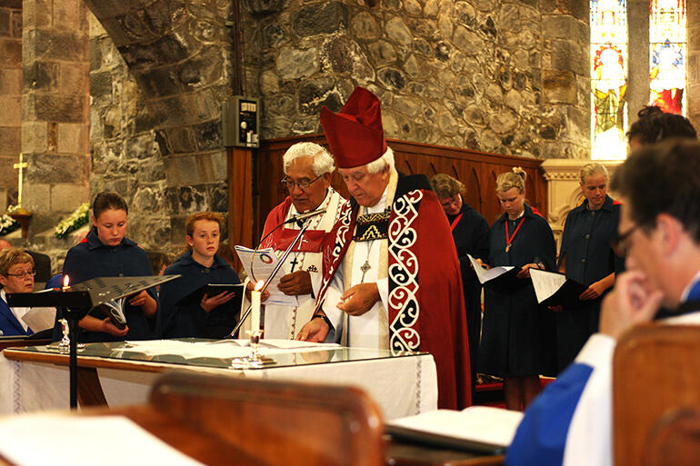 Archdeacon Tiki with Archbishop Sir Paul Reeves during the 2010 consecration of St Mary's.