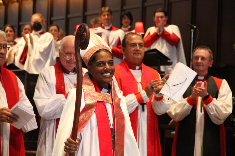 Applause breaks out for the Right Reverend Anashuya Fletcher, newly ordained Assistant Bishop of Wellington.