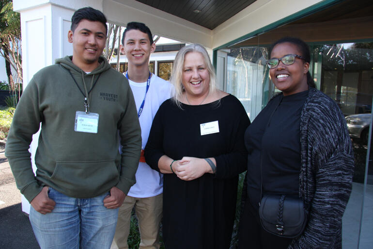 Lorna Gray, Tikanga Pakeha National Youth Facilitator is flanked by TP youth. L-R: Byron Behm, Etienne Wain, Lorna Gray, Ciru Muriuki.