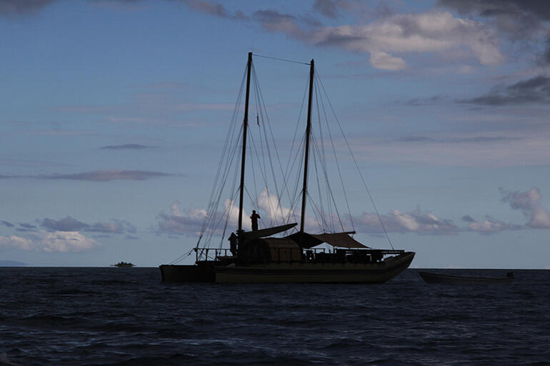 Dusk shot of Uto Ni Yalo - the vaka which will be the Archbishops' ride to a sandbank in Suva Harbour.