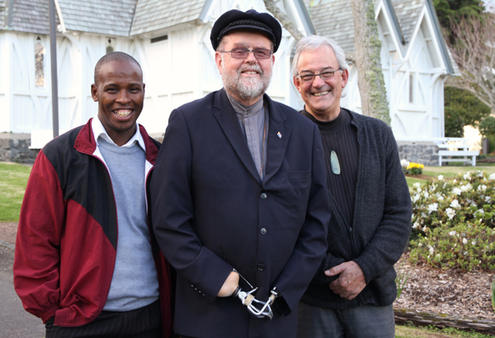 Fr Michael at St John's College, flanked by his travelling companion, Br Moeketsi SSM, and his Auckland host, Professor David Williams.