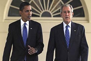 Barack Obama and George Bush: working towards a tidy handover of power.