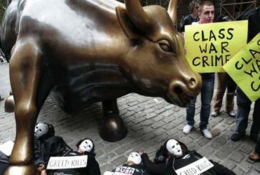 Protestors in New York before the $700bn Wall Street bail-out this month. Photograph: Nicholas Roberts/AFP/Getty images