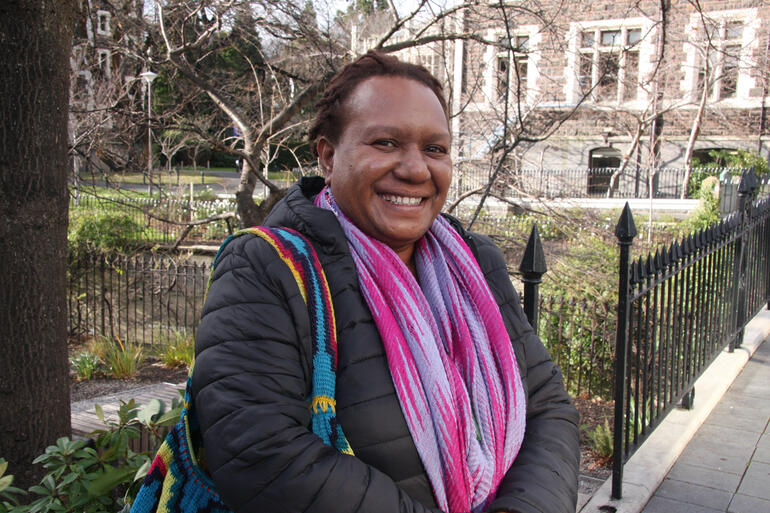 West Papuan human rights advocate Rosa Moiwend arrives at Otago University during her 2019 Aotearoa New Zealand speaking tour.