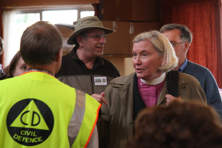 Bishop Victoria at the Kaiapoi Civil Defence HQ - which has been set up in the Kaiapoi Rugby Club rooms.