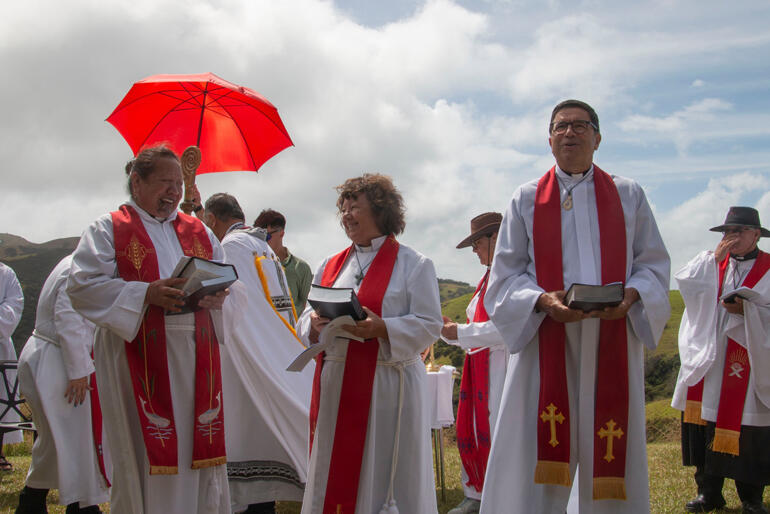 Rev. Dale van Engelen, Rev. Allison Ripia and Rev. Michael Tane celebrate their ordinations to the priesthood at Rangihoua, Oihi this 22 January.