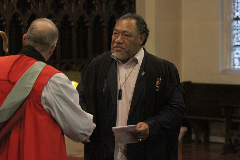 Bishop Steven Benford licenses Sagato Lesā, who is the first Pasifika Warden of Selwyn College at Otago University, Dunedin.